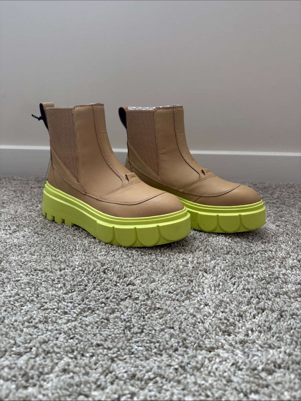 Sorel Tan Chelsea Boots with Neon Green Lug Soles - Picture 2 of 7
